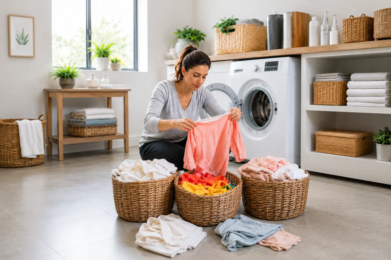Separação de roupas por cor em cestos antes da lavagem